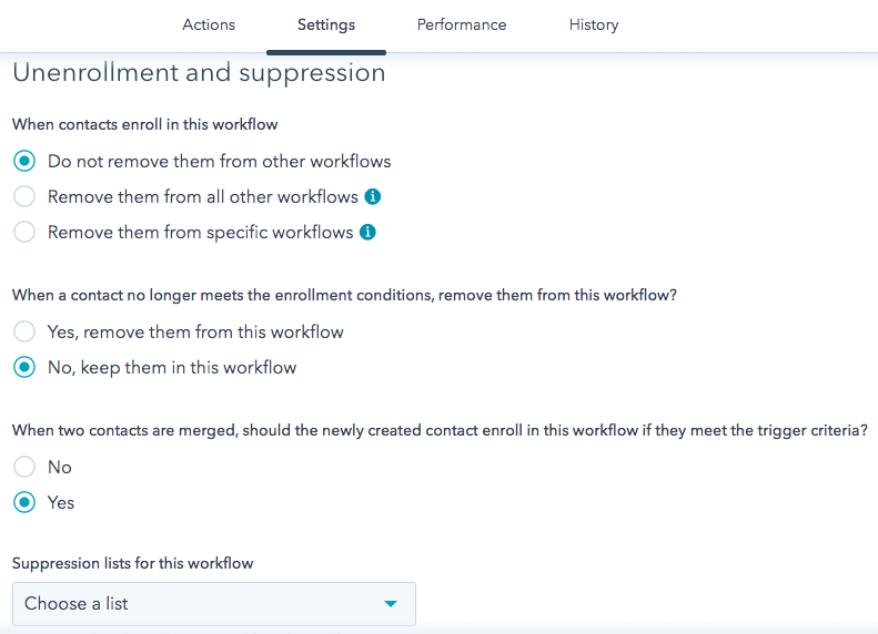 Workflow Settings for unenrollment and suppression